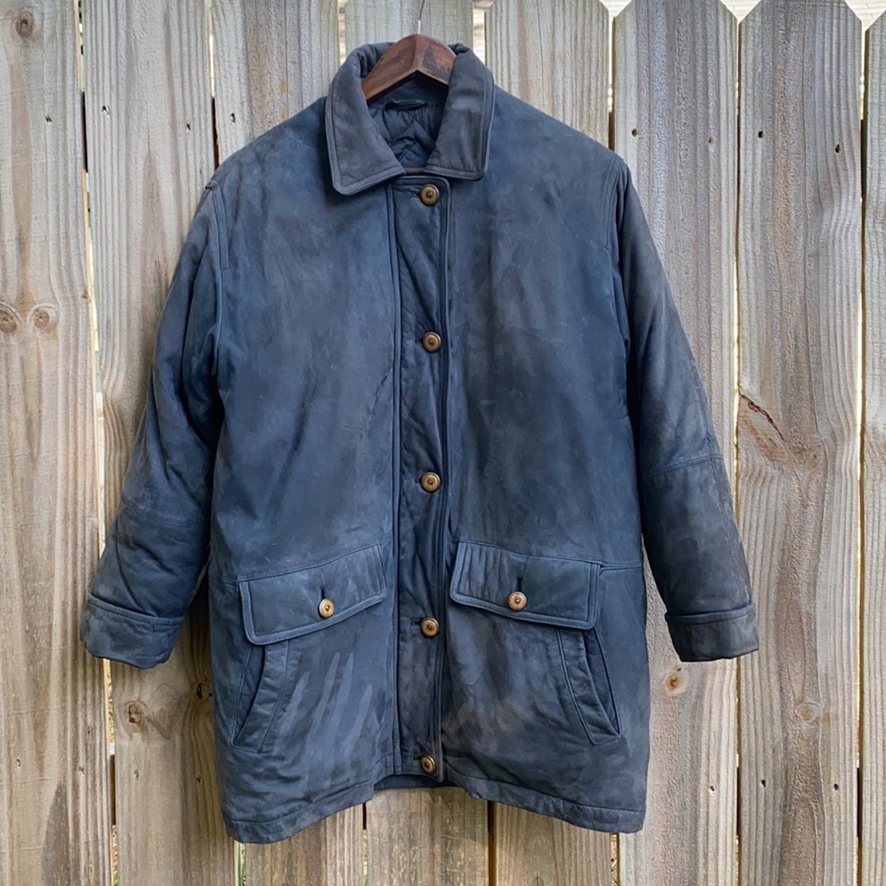 Vintage Eddie Bauer Genuine Leather Petite Down Winter Coat gray suede, XSP